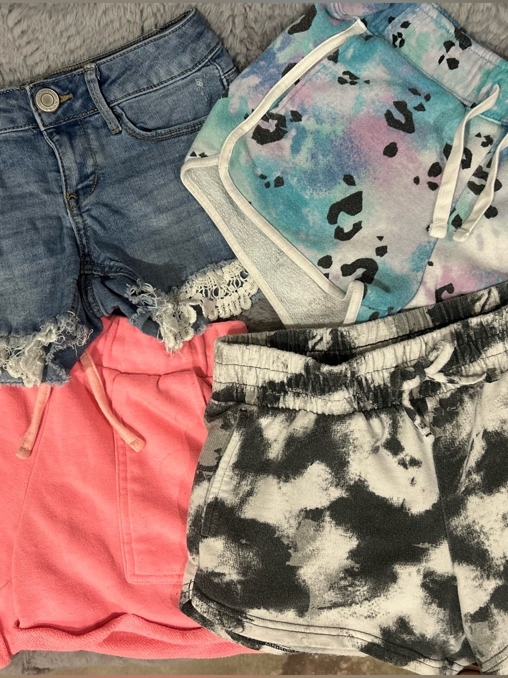 Light Wash Distressed Denim Shorts w/Lace Trim Size 7 & 3 elastic waisted shorts